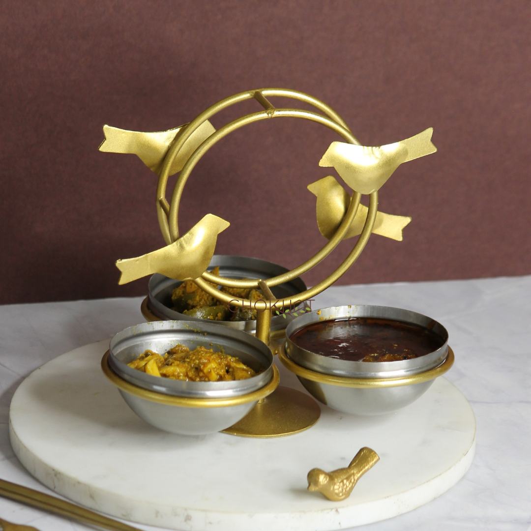 Golden bird condiment set stainless steel jars