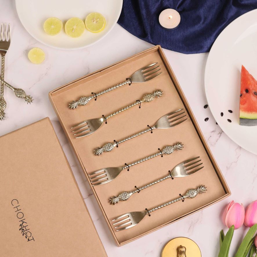 Brass cutlery fork set pineapple detail handles