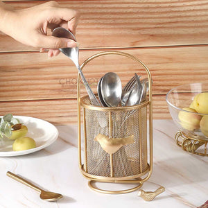 Golden bird mesh metal cutlery stand