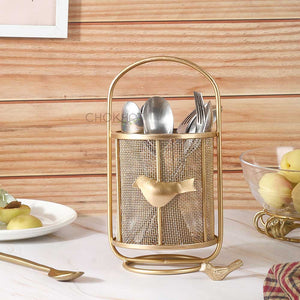 Golden bird mesh metal cutlery stand